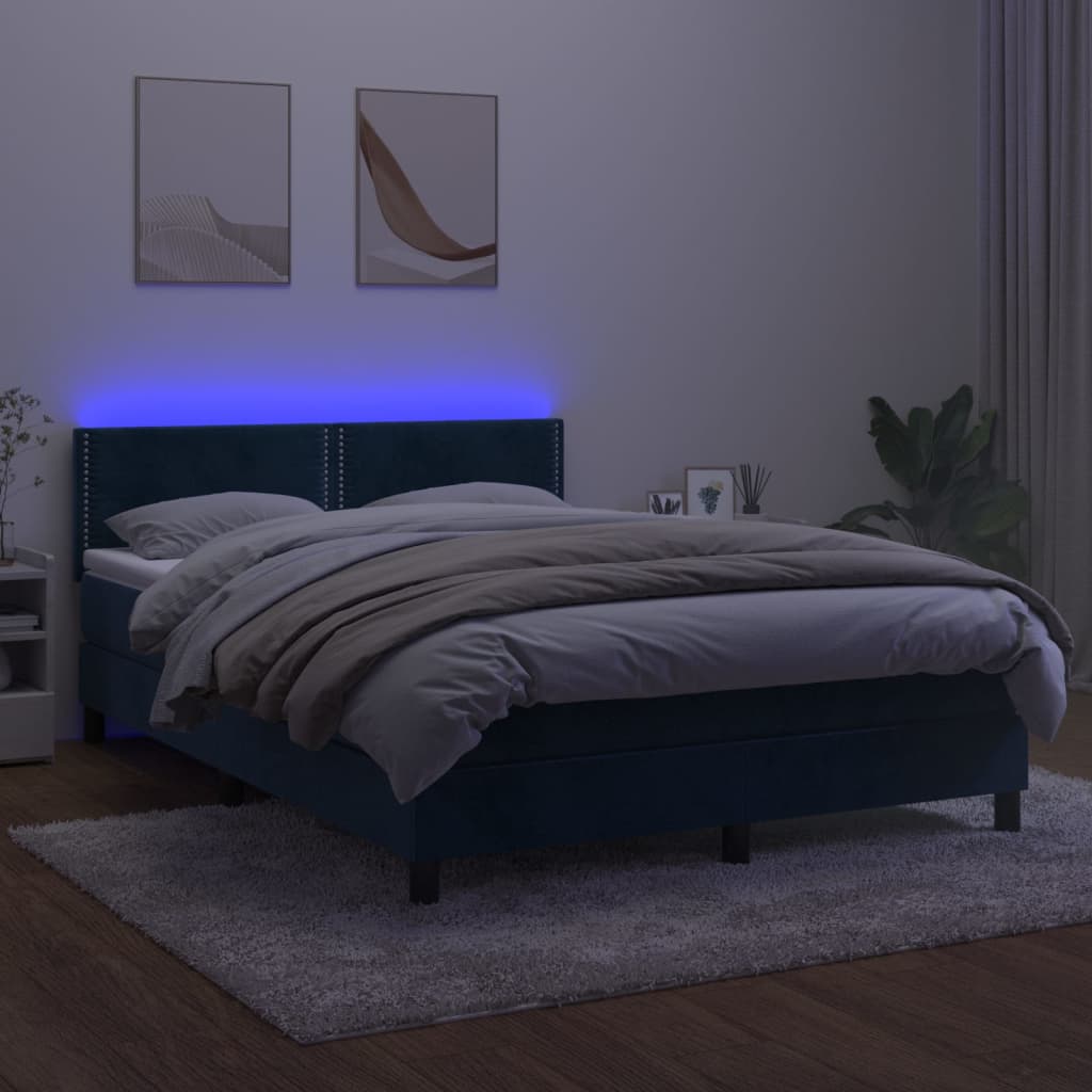 vidaXL sötétkék bársony rugós és LED-es ágy matraccal 140x200 cm
