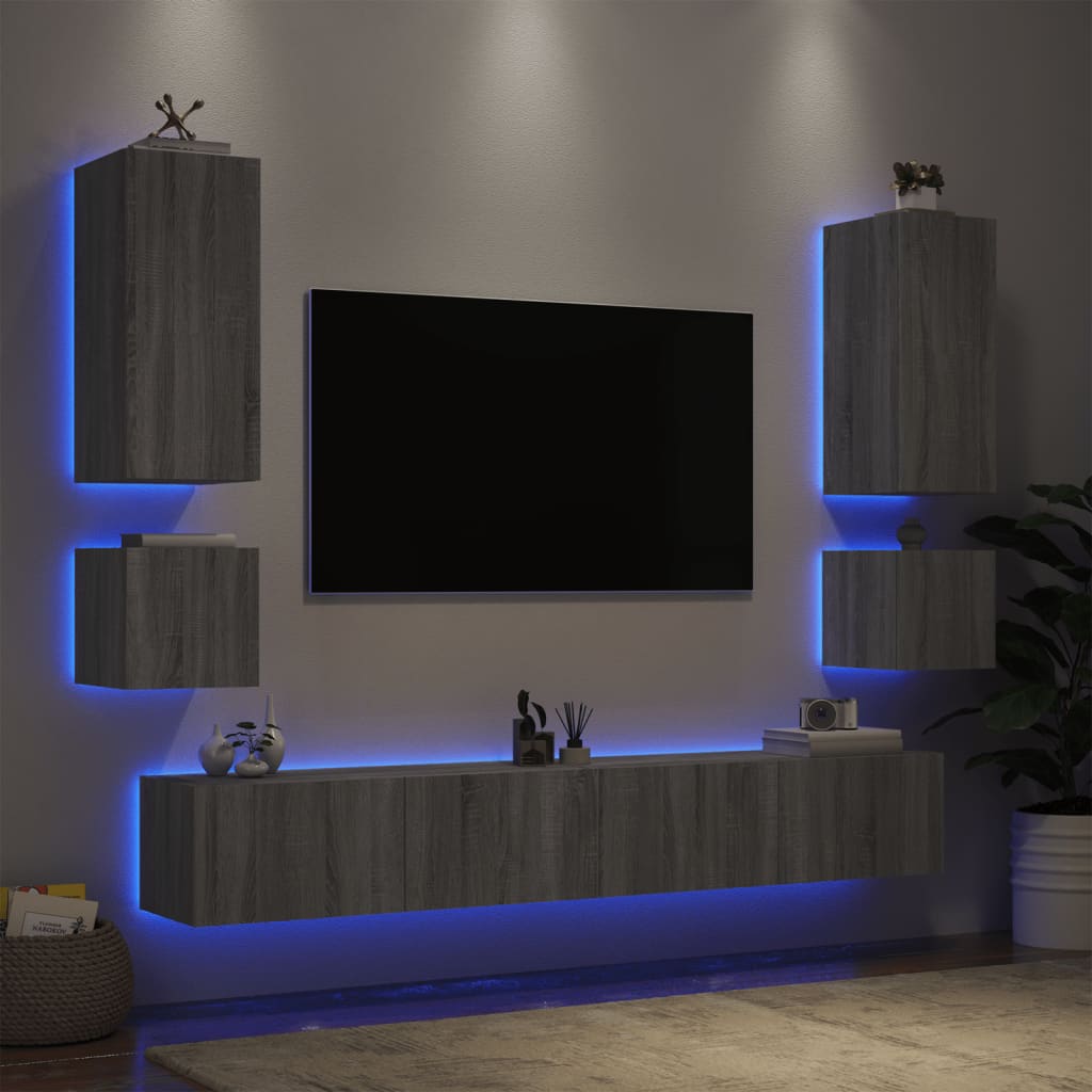 vidaXL 6darab szürke sonoma színű falra szerelhető TV-szekrény LED-del