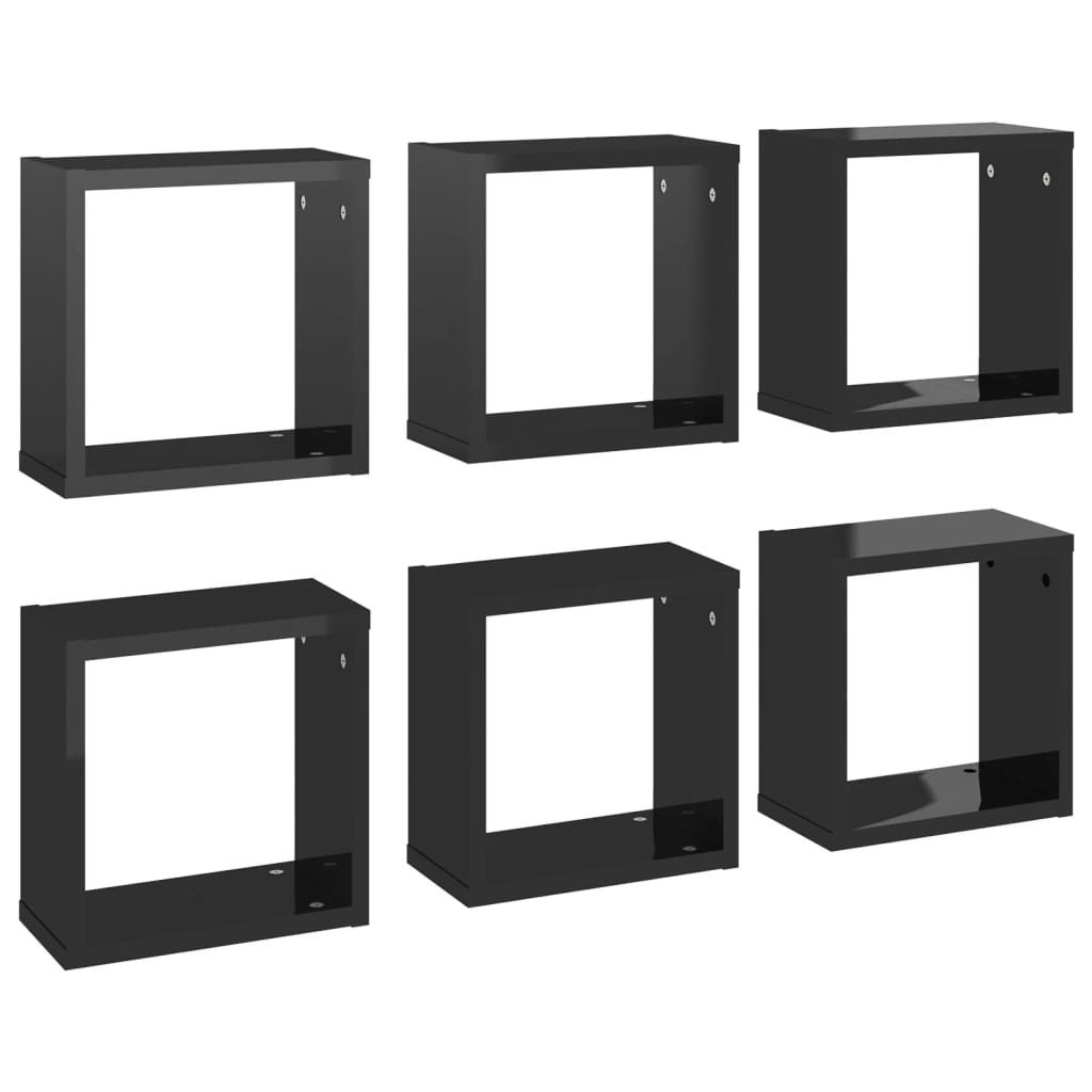 vidaXL 6 db magasfényű fekete fali kockapolc 30 x 15 x 30 cm