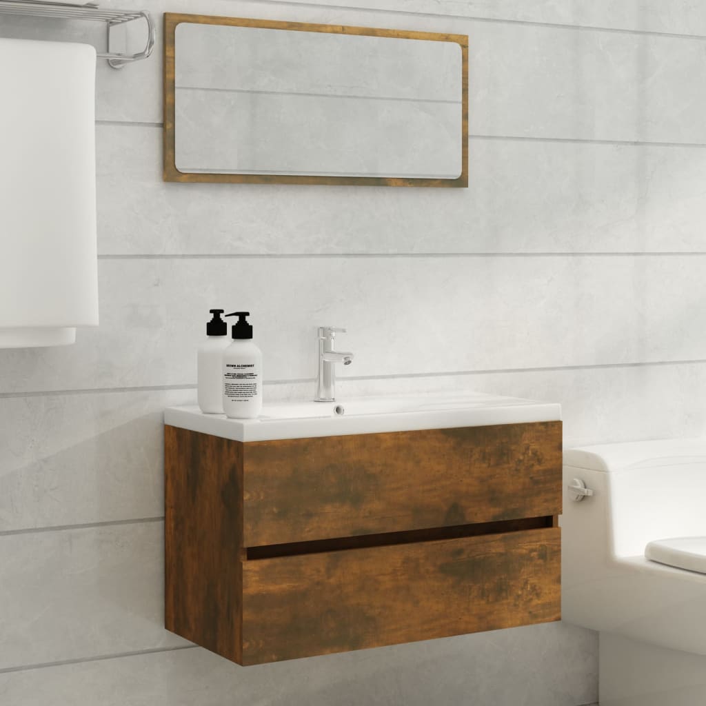 vidaXL füstös tölgyszínű szerelt fa mosdószekrény beépített mosdóval