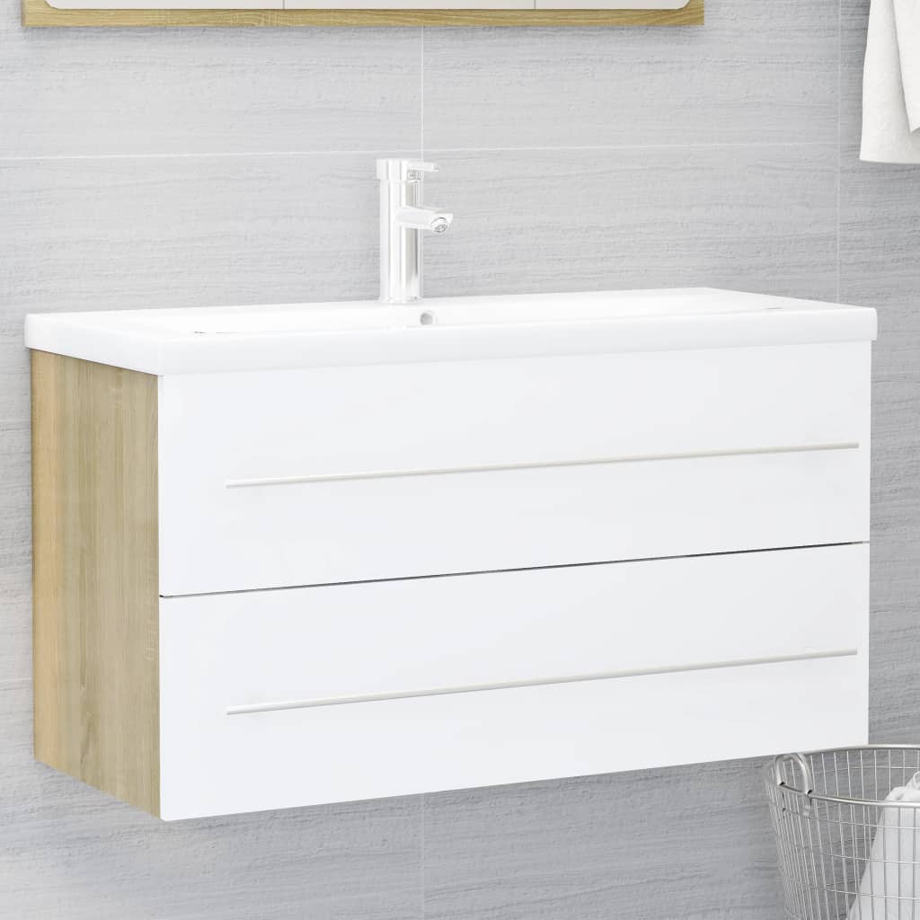 vidaXL 2 részes fehér-sonoma színű forgácslap fürdőszobai bútorszett