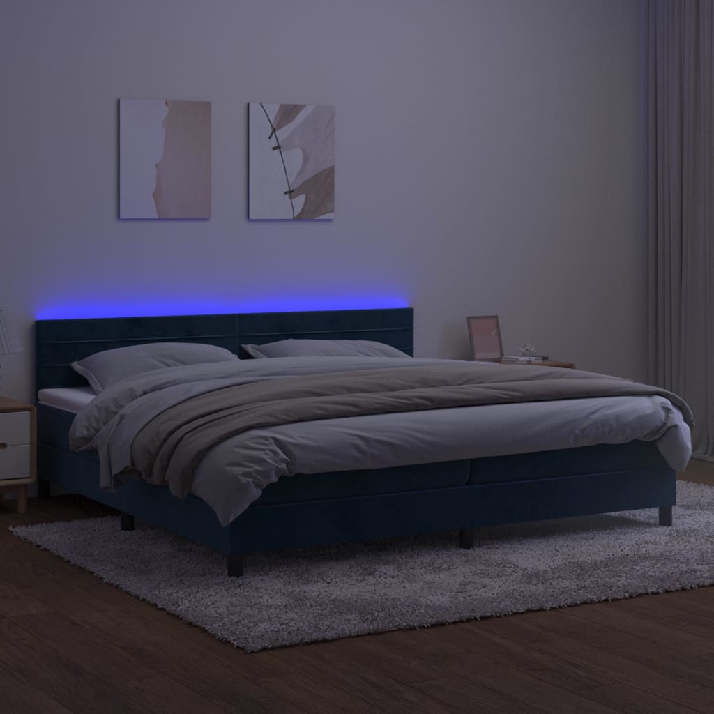 vidaXL sötétkék bársony rugós és LED-es ágy matraccal 200x200 cm