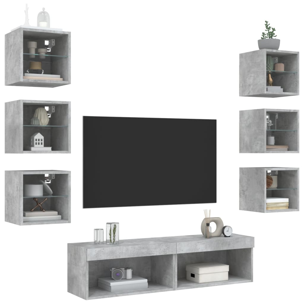 vidaXL 8 darab betonszürke szerelt fa fali TV-bútor LED-del