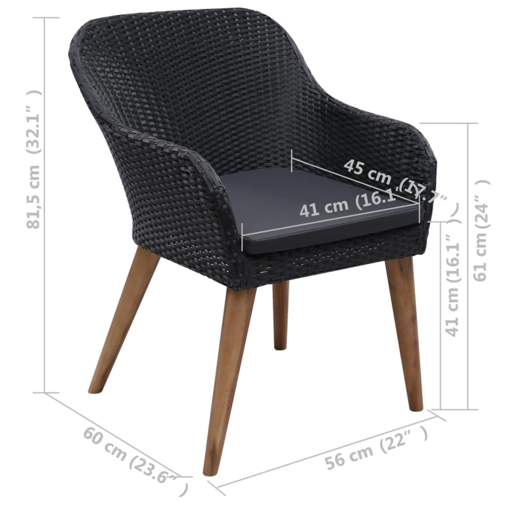 vidaXL 2 db fekete polyrattan kültéri szék párnával