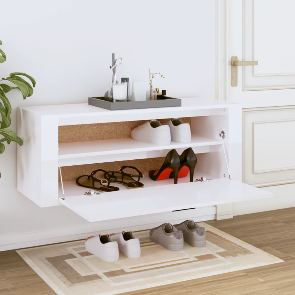 vidaXL magasfényű fehér szerelt fa fali cipőszekrény 100x35x38 cm