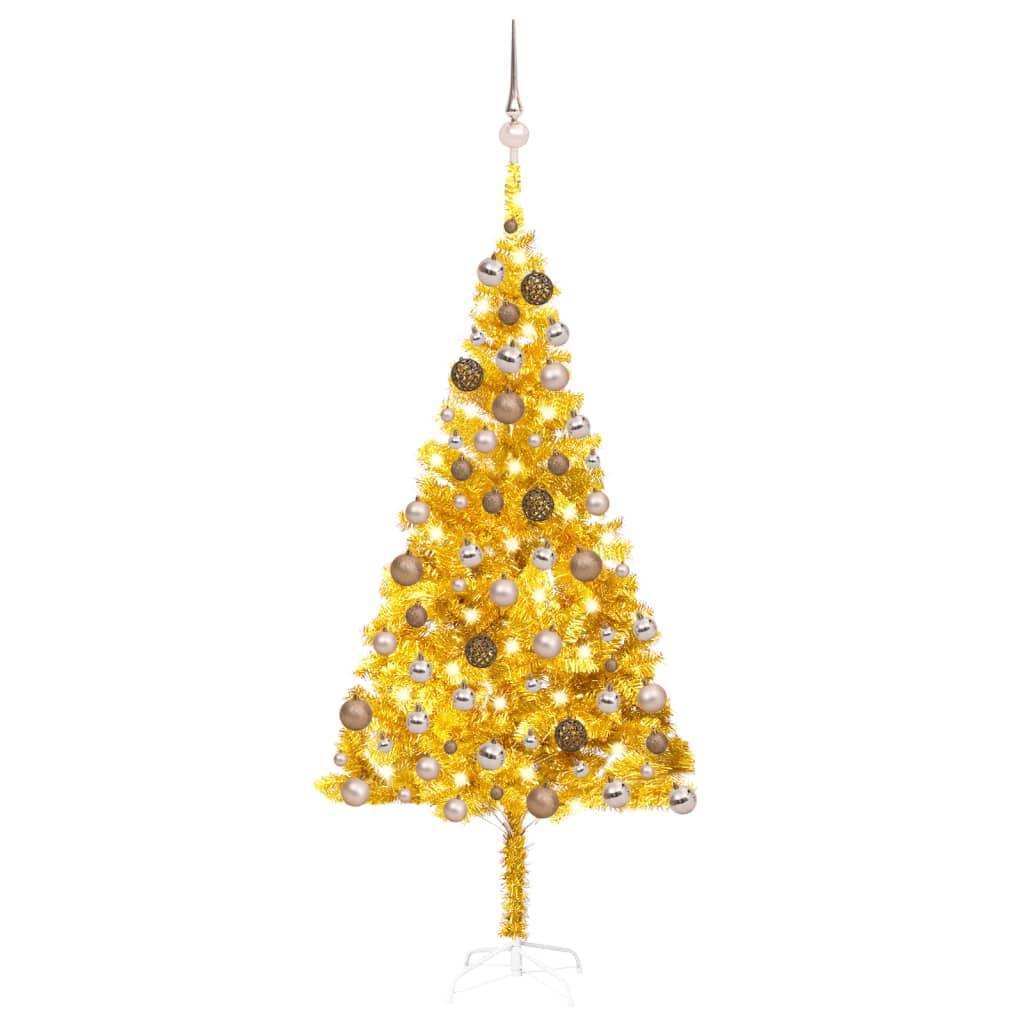 vidaXL aranyszínű PET megvilágított műkarácsonyfa gömb szettel 180 cm