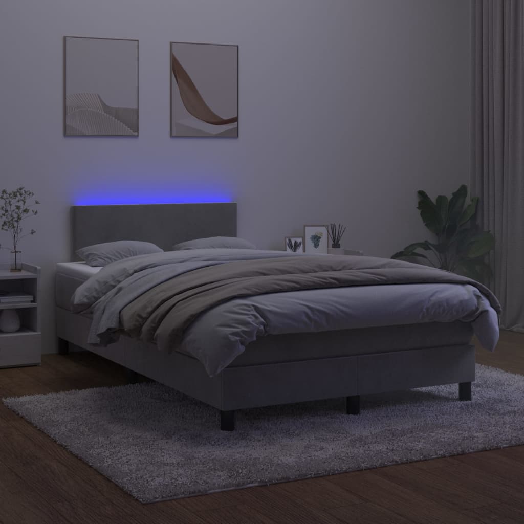 vidaXL világosszürke bársony rugós és LED-es ágy matraccal 120x200 cm