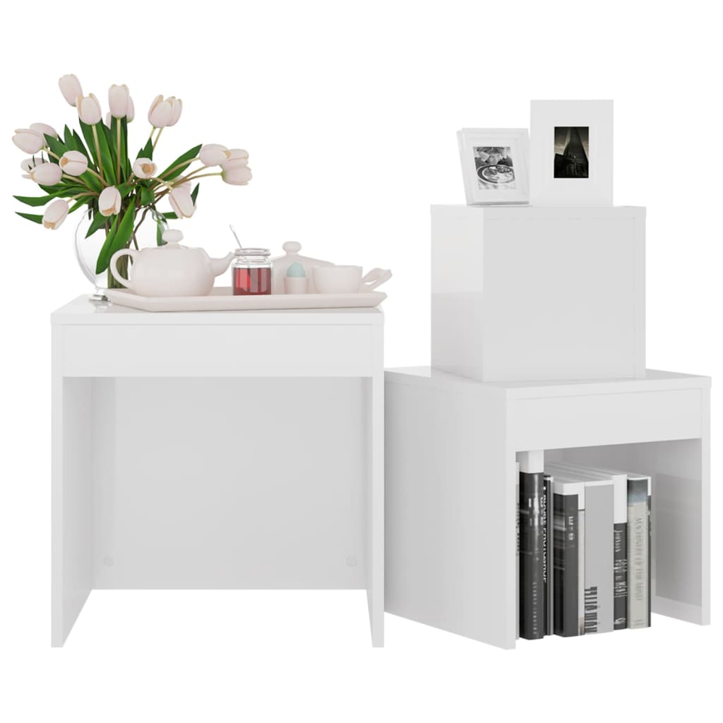 vidaXL 3 db magasfényű fehér forgácslap rakásolható asztal
