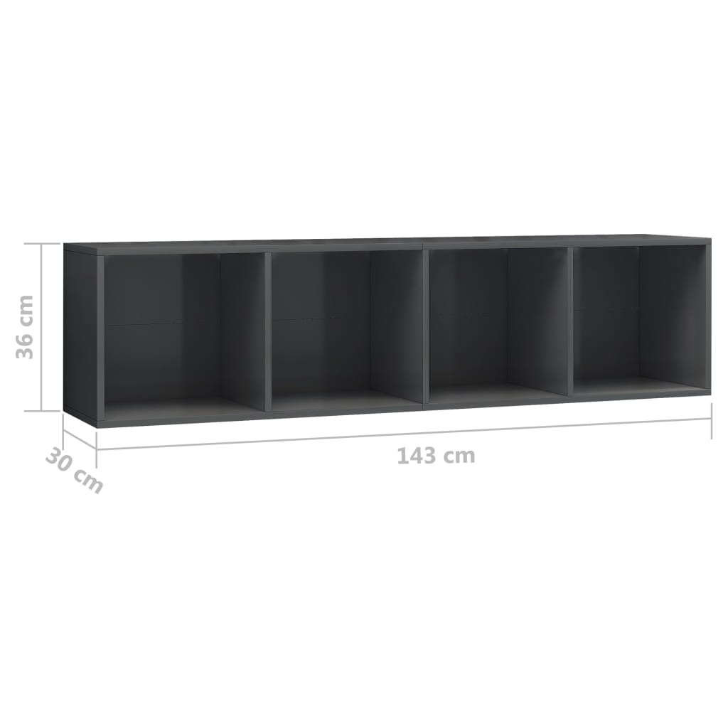 vidaXL magasfényű szürke könyv-/TV-szekrény 143 x 30 x 36 cm
