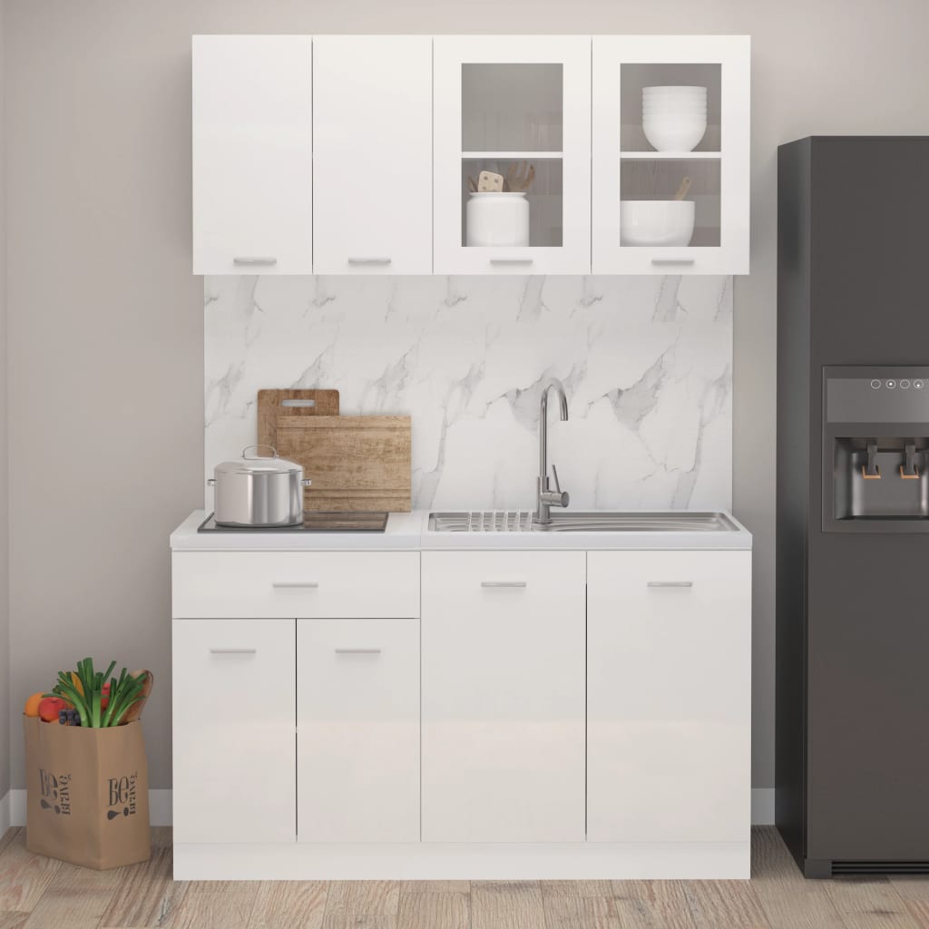 vidaXL 4 részes magasfényű fehér forgácslap konyhai szekrénygarnitúra