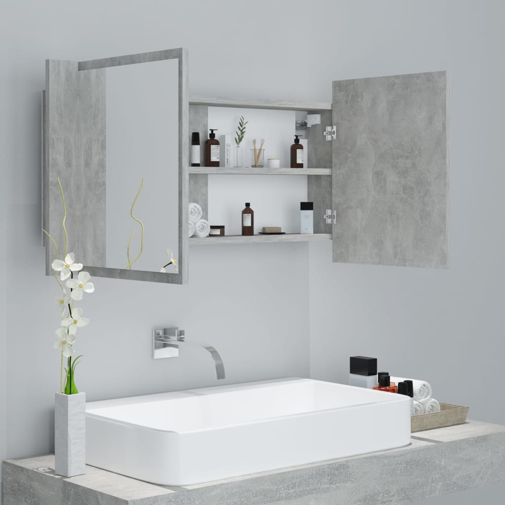 vidaXL betonszürke akril LED-es tükrös fürdőszobaszekrény 90x12x45 cm