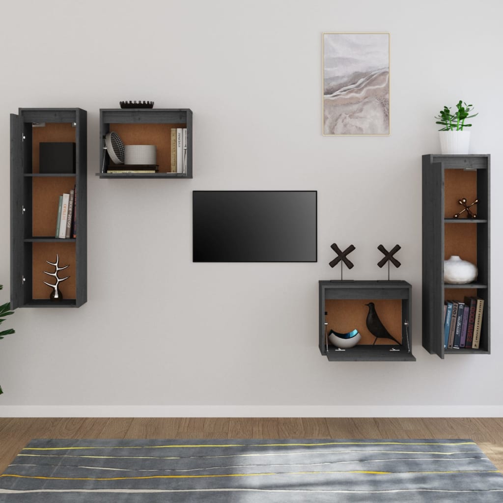 vidaXL 4 darab szürke tömör fenyőfa TV-szekrény