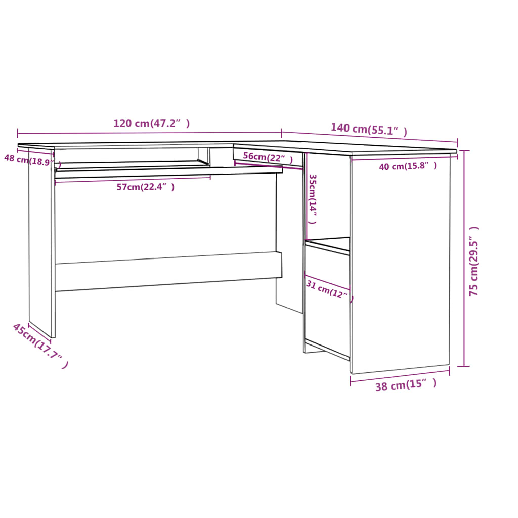 vidaXL magasfényű szürke forgácslap L-alakú íróasztal 120x140x75 cm