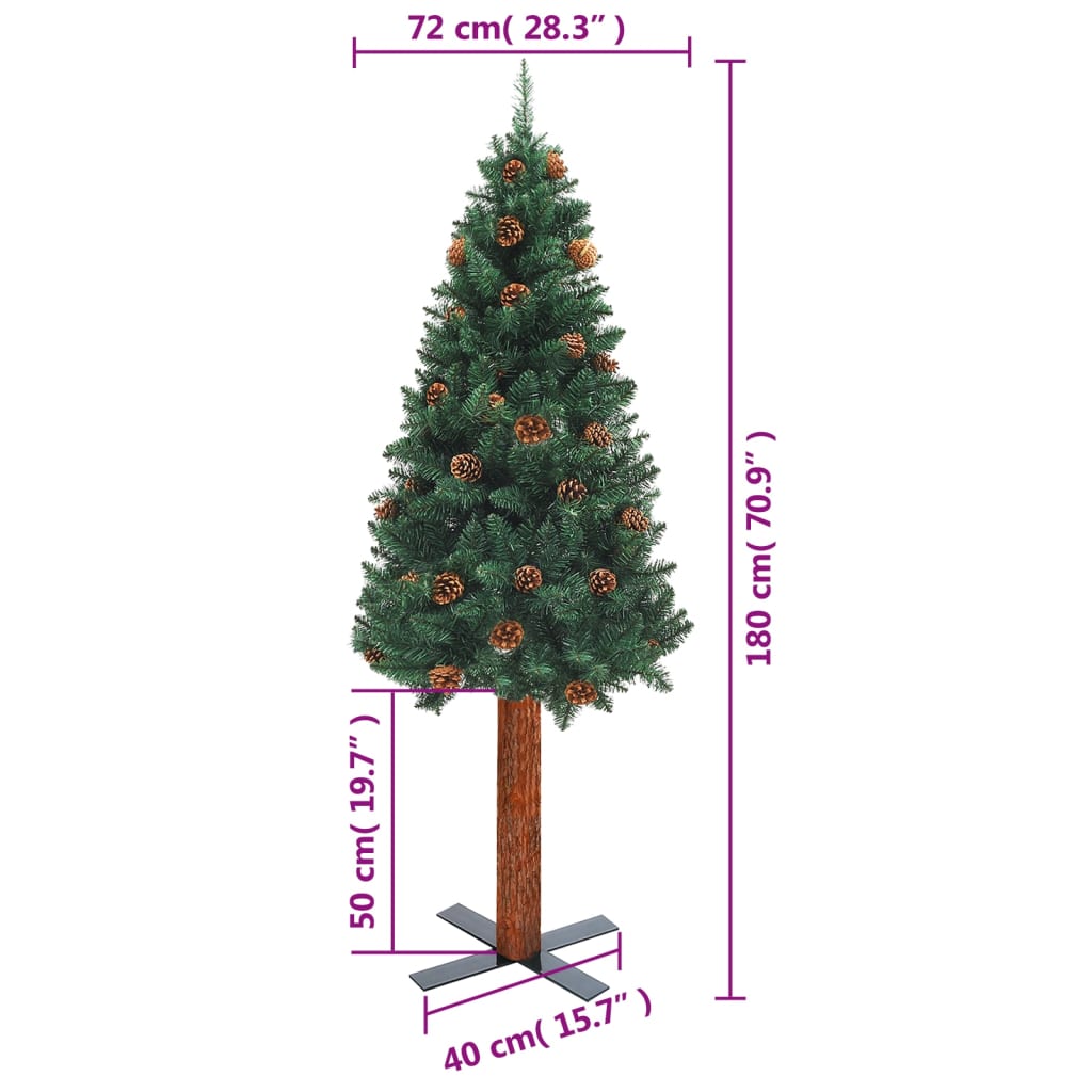 vidaXL zöld PVC vékony karácsonyfa valódi fával és tobozzal 180 cm
