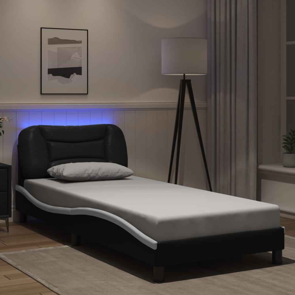 vidaXL fekete és fehér műbőr ágykeret LED-világítással 80 x 200 cm