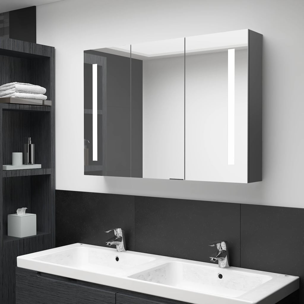 vidaXL szürke tükrös fürdőszobaszekrény LED világítással 89x14x62 cm