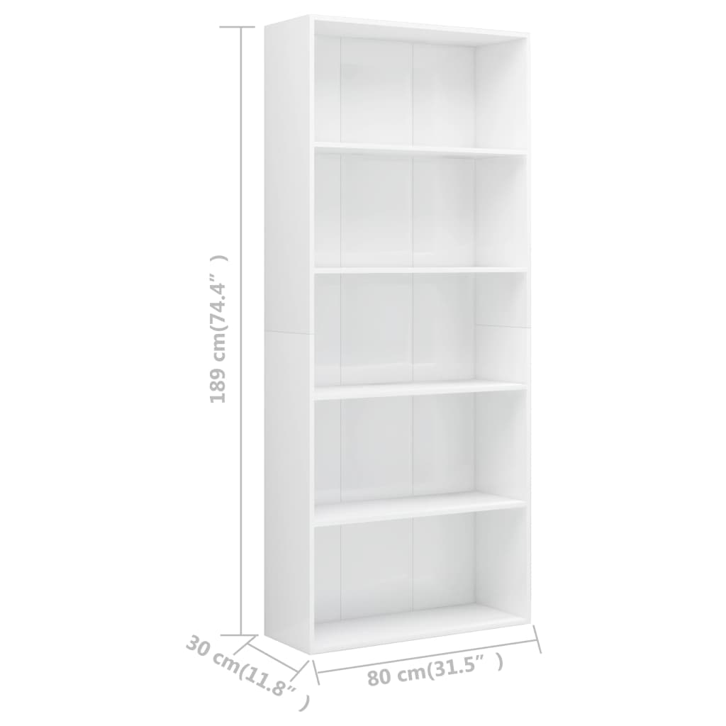vidaXL 5 szintes fényes fehér forgácslap könyvszekrény 80x30x189 cm