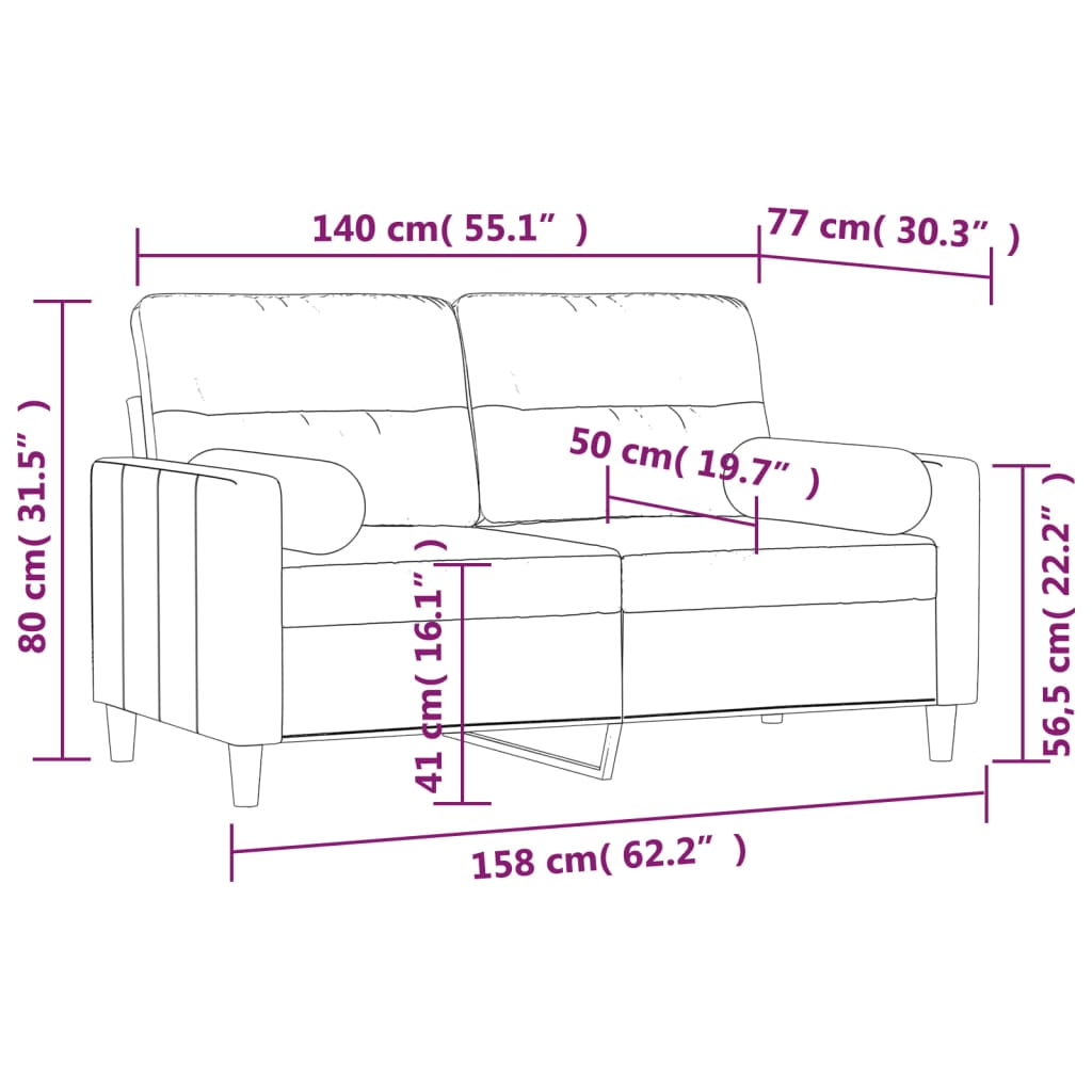 vidaXL 2 személyes világosszürke szövet kanapé párnákkal 140 cm