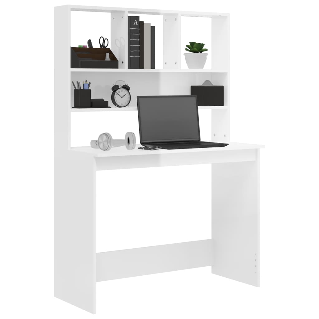 vidaXL magasfényű fehér szerelt fa íróasztal polcokkal 102x45x148 cm