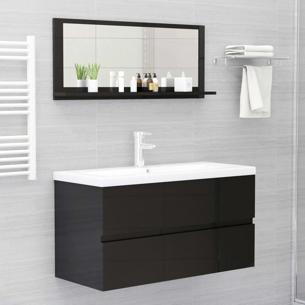 vidaXL magasfényű fekete forgácslap fürdőszobai tükör 90x10,5x37 cm