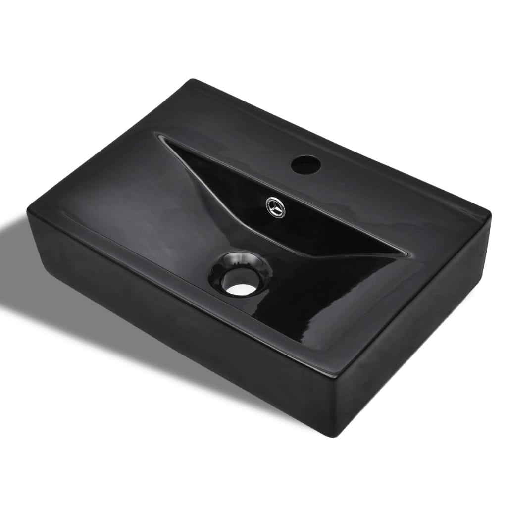Fekete négyszögű kerámia mosdókagyló csapteleppel/túlfolyó nyílással