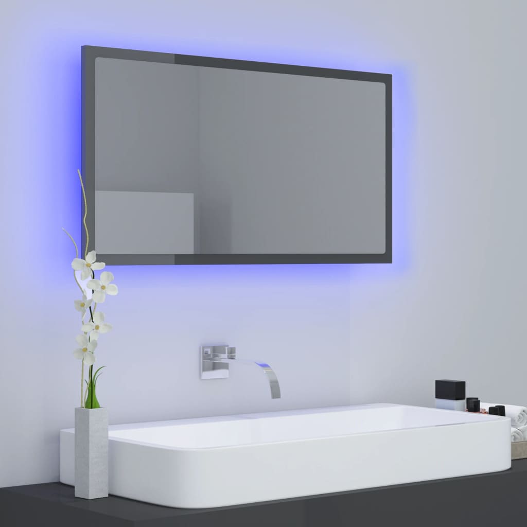 vidaXL magasfényű szürke akril LED-es fürdőszobatükör 80x8,5x37 cm