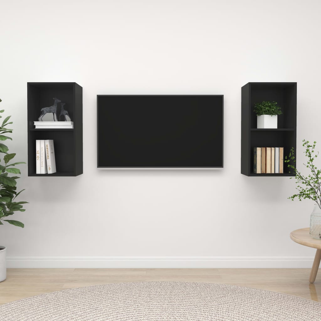 vidaXL 2 db fekete forgácslap falra szerelhető TV-szekrény