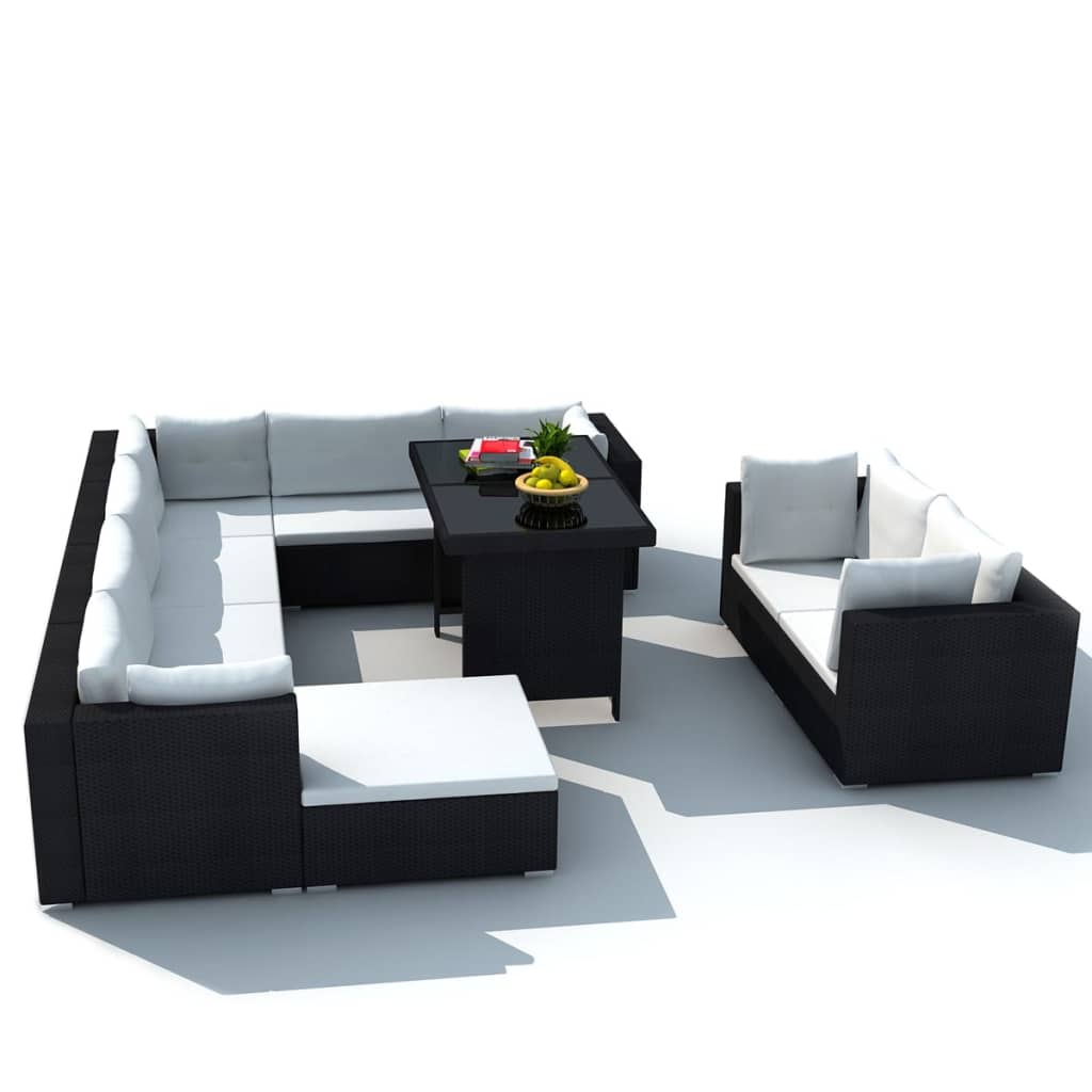 vidaXL 10-részes fekete polyrattan kerti bútorszett párnákkal