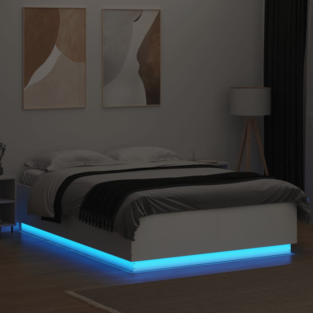 vidaXL fehér szerelt fa ágykeret LED-világítással 150 x 200 cm