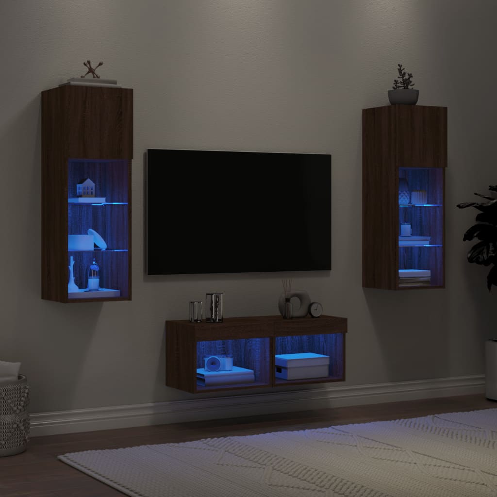 vidaXL 4 darab barna tölgyszínű falra szerelhető TV-szekrény LED-del