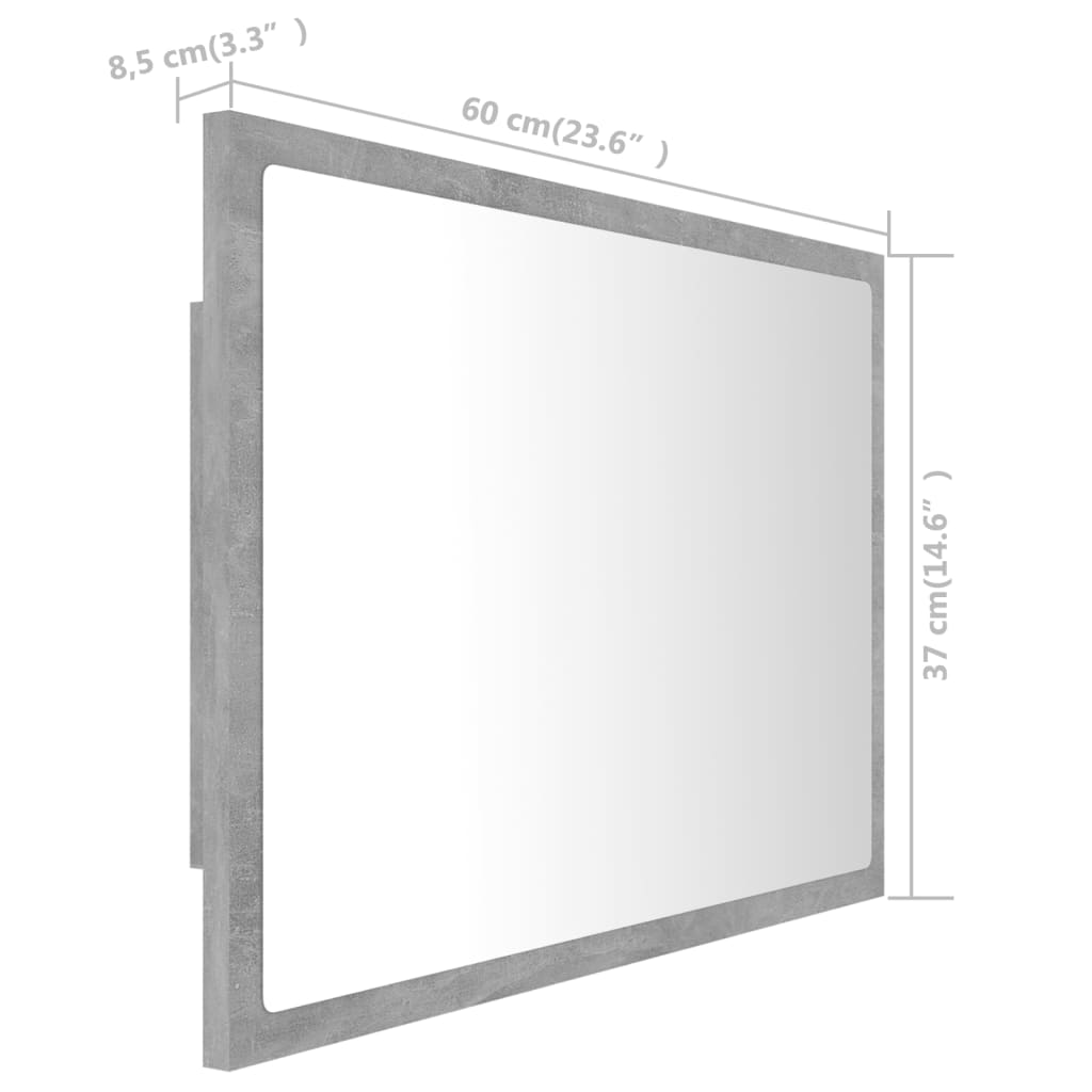 vidaXL betonszürke akril LED-es fürdőszobatükör 60x8,5x37 cm