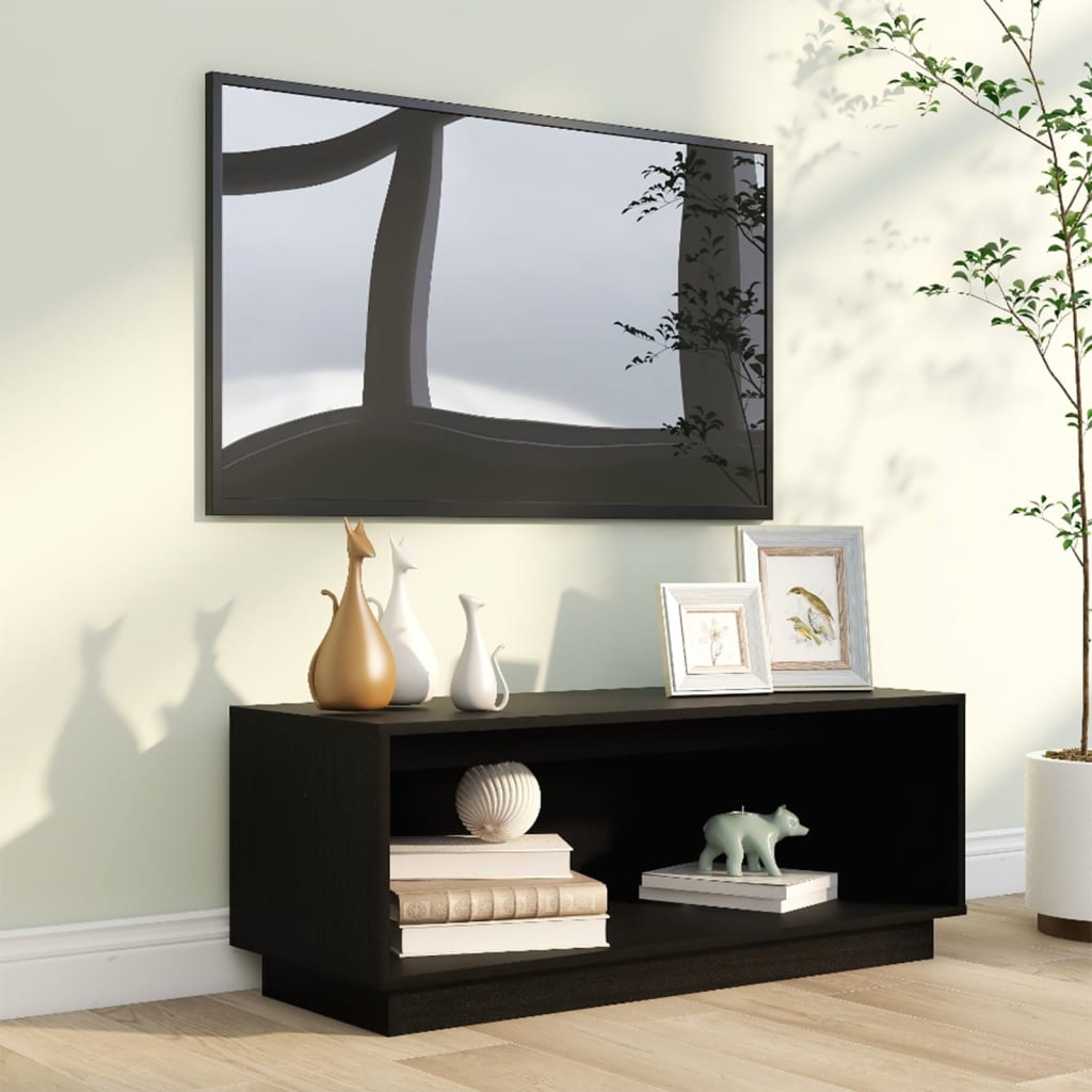vidaXL fekete tömör fenyőfa TV-szekrény 90x35x35 cm