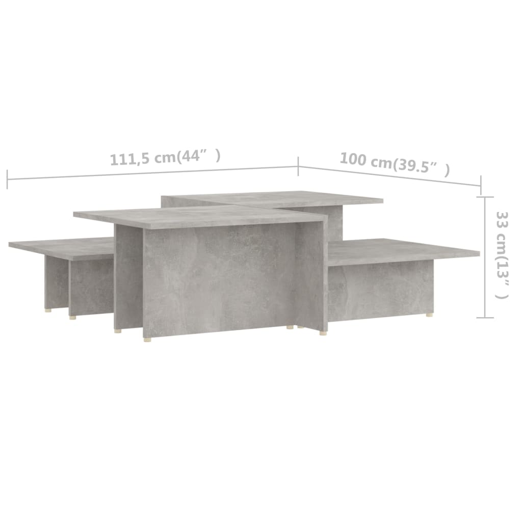 vidaXL 2 db betonszürke szerelt fa dohányzóasztal 111,5 x 50 x 33 cm