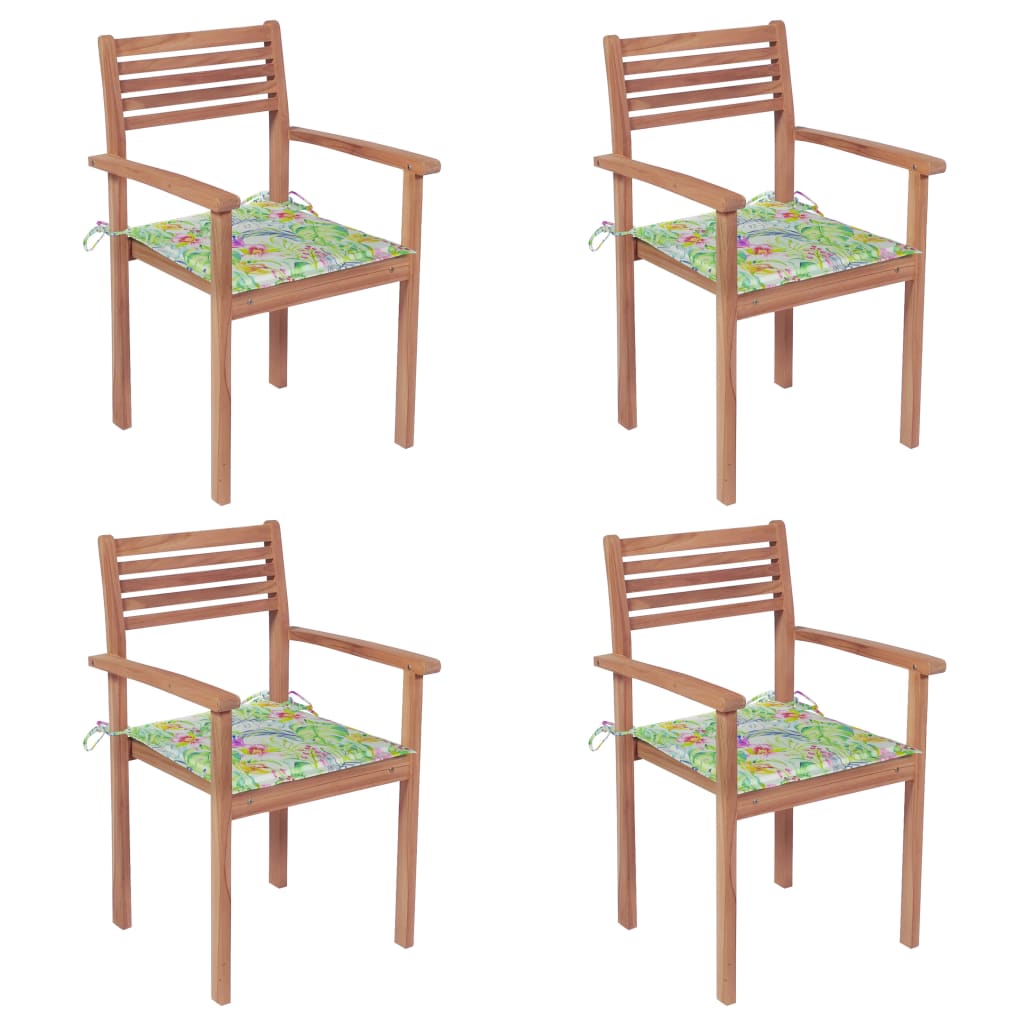 vidaXL 4 db tömör tíkfa kerti szék levélmintás párnával