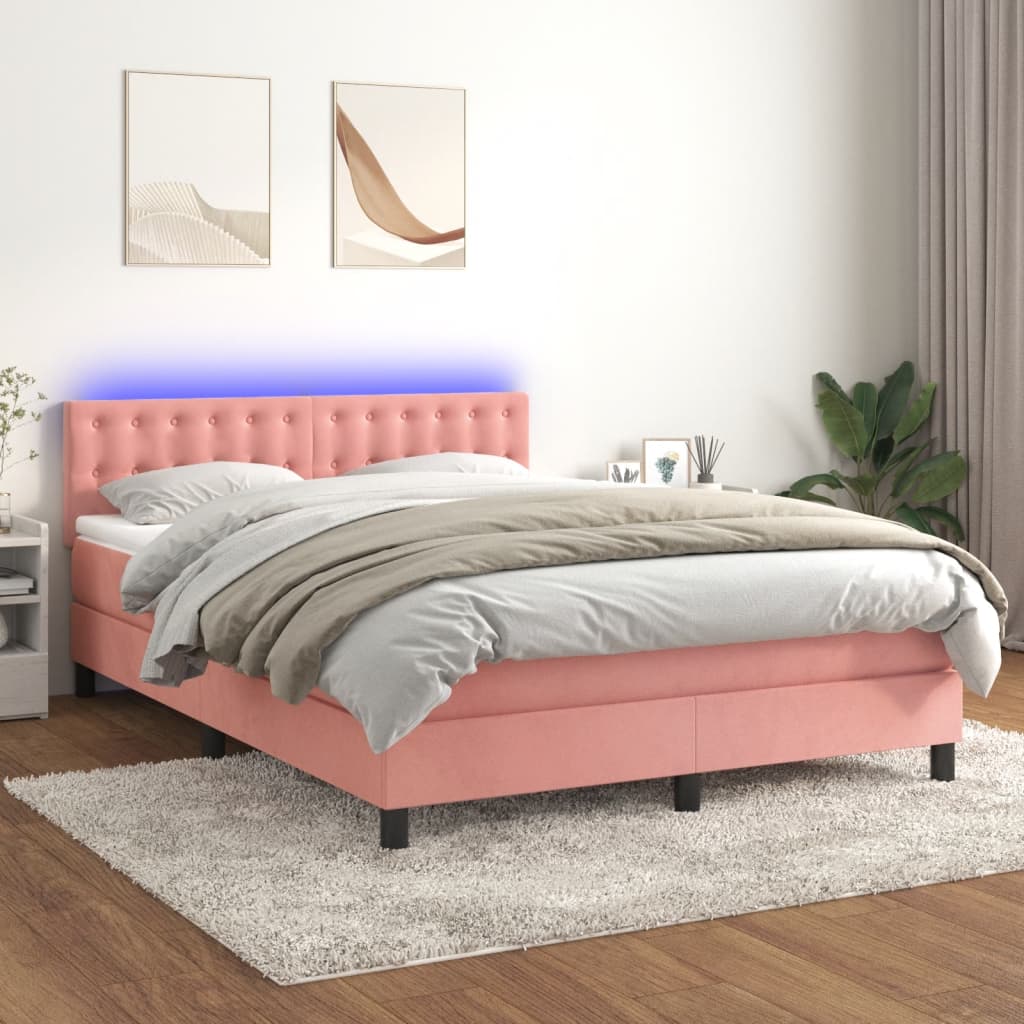 vidaXL rózsaszín bársony rugós és LED-es ágy matraccal 140x200 cm