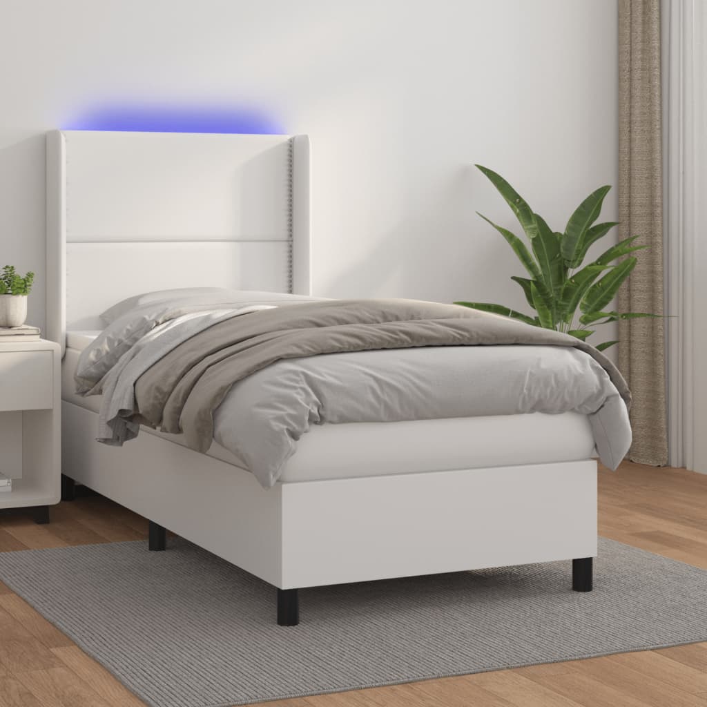 vidaXL fehér műbőr rugós ágy matraccal és LED-del 90x190 cm