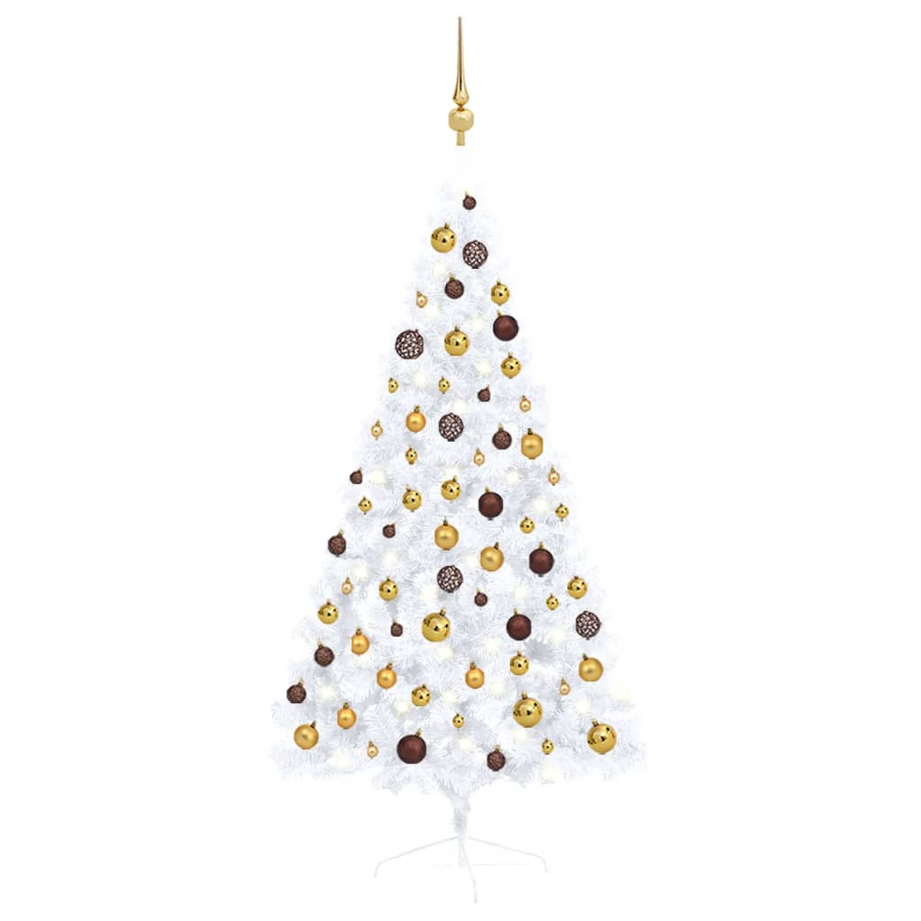 vidaXL fehér megvilágított fél műkarácsonyfa gömb szettel 150 cm