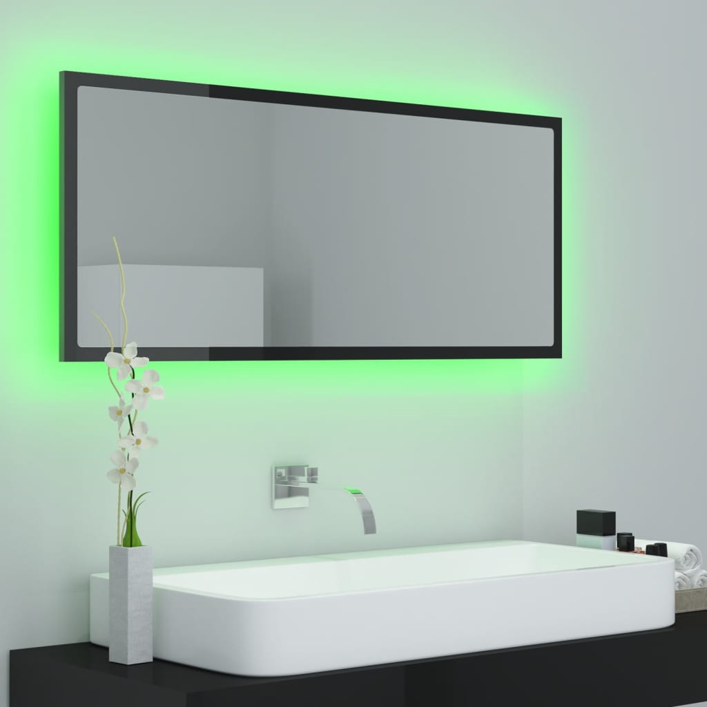 vidaXL magasfényű fekete akril LED-es fürdőszobatükör 100x8,5x37 cm