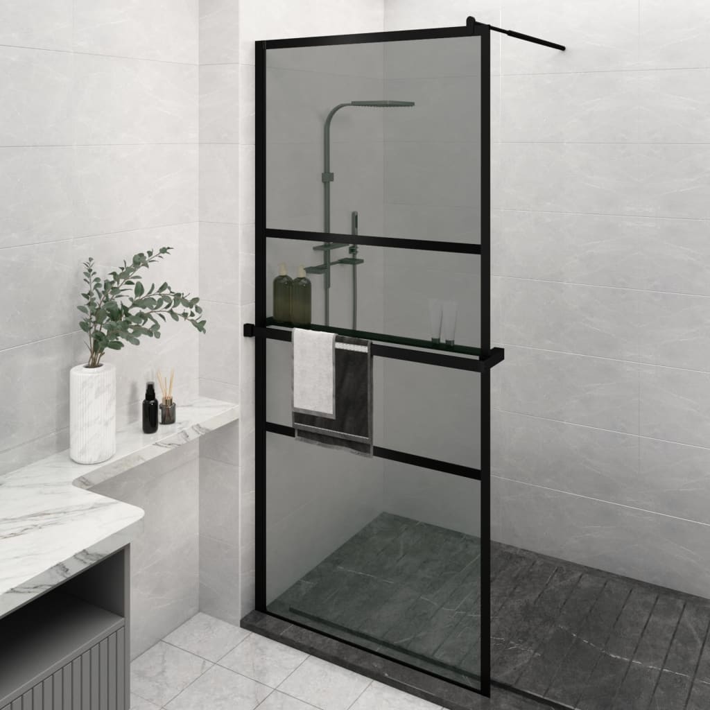vidaXL fekete ESG üveg és alumínium zuhanyfal polccal 100 x 195 cm