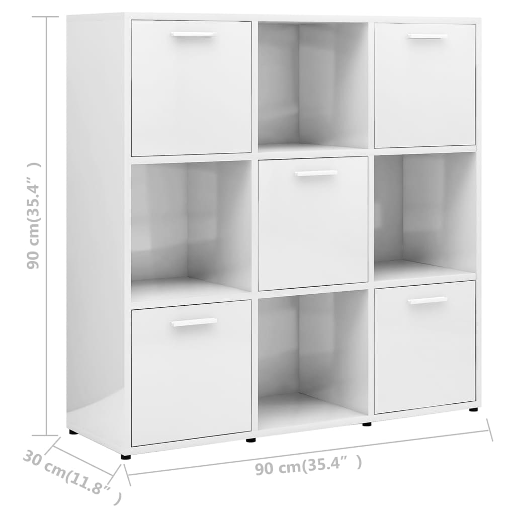vidaXL magasfényű fehér forgácslap könyvszekrény 90 x 30 x 90 cm