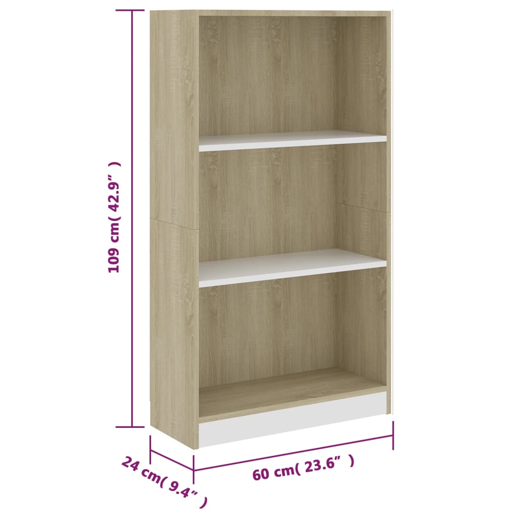 vidaXL 3 szintes fehér és sonoma szerelt fa könyvszekrény 60x24x109 cm