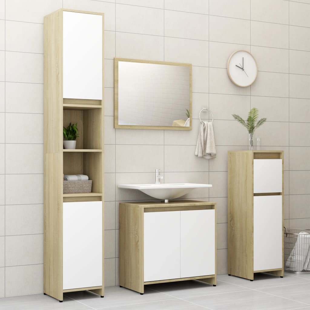 vidaXL fehér és sonoma-tölgy színű forgácslap fürdőszobai bútorszett