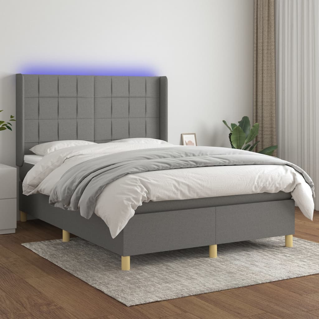 vidaXL sötétszürke szövet rugós és LED-es ágy matraccal 140x190 cm