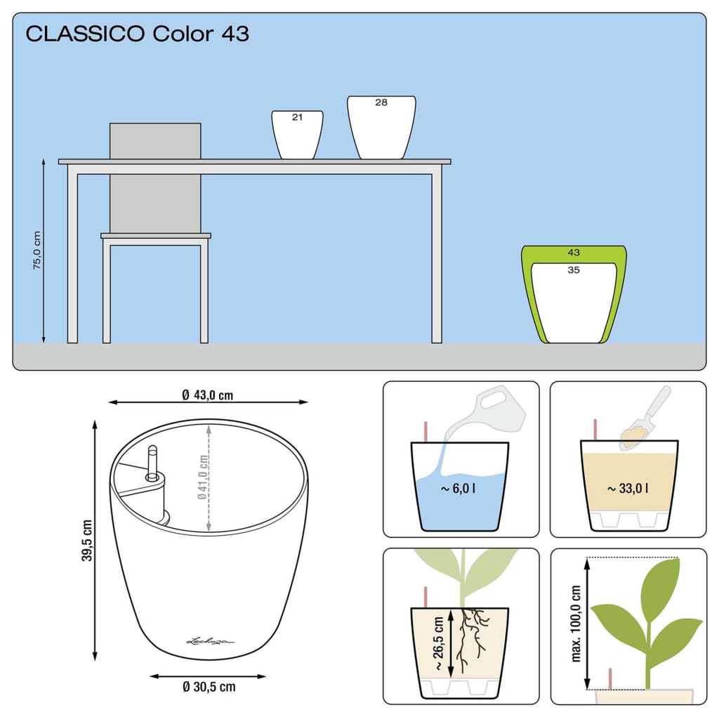 LECHUZA Classico Color 43 ALL-IN-ONE fehér virágtartó