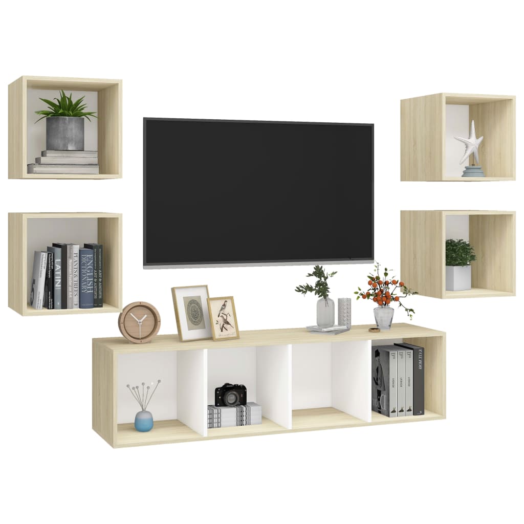 vidaXL 5 részes fehér és tölgyszínű forgácslap TV-szekrény szett