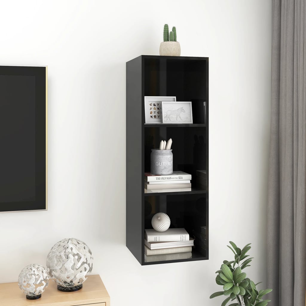 vidaXL magasfényű fekete forgácslap fali TV-szekrény 37 x 37 x 107 cm