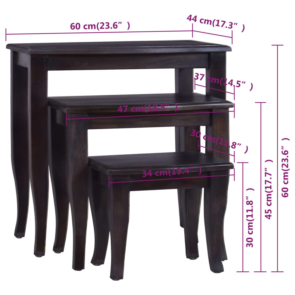vidaXL 3 db világos fekete tömör mahagóni egymásba tolható kisasztal
