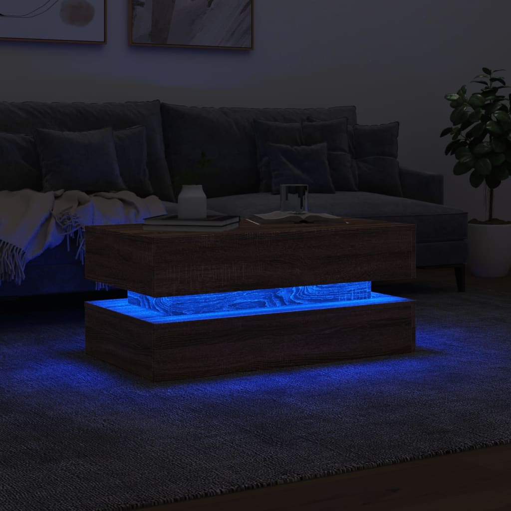vidaXL barna tölgyszínű dohányzóasztal LED-lámpákkal 90x50x40 cm