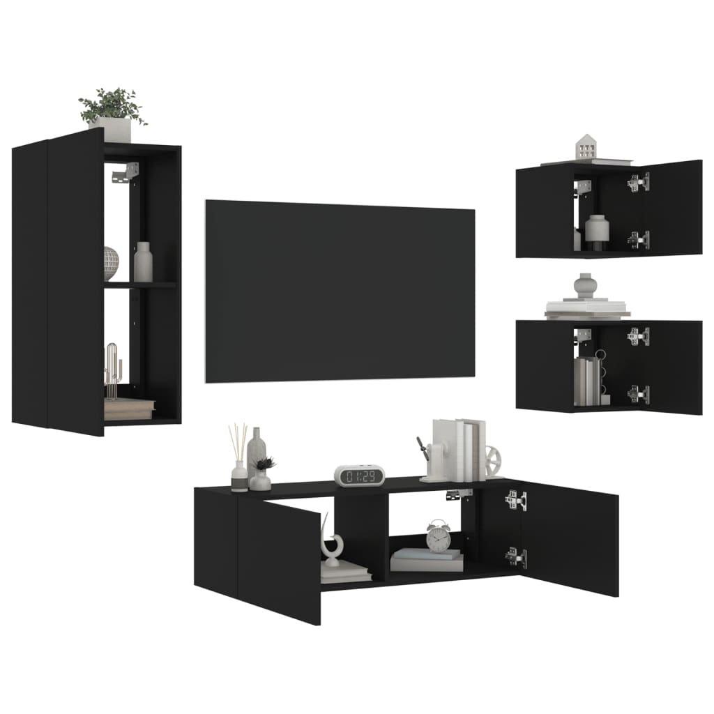 vidaXL 4 darab fekete falra szerelhető TV-szekrény LED-del