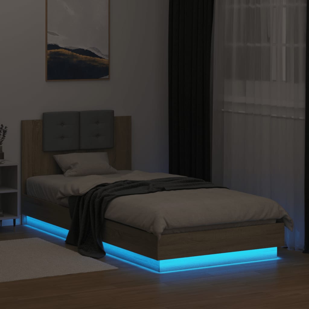 vidaXL sonoma tölgy színű ágykeret fejtámlával és LED-ekkel 90x200 cm